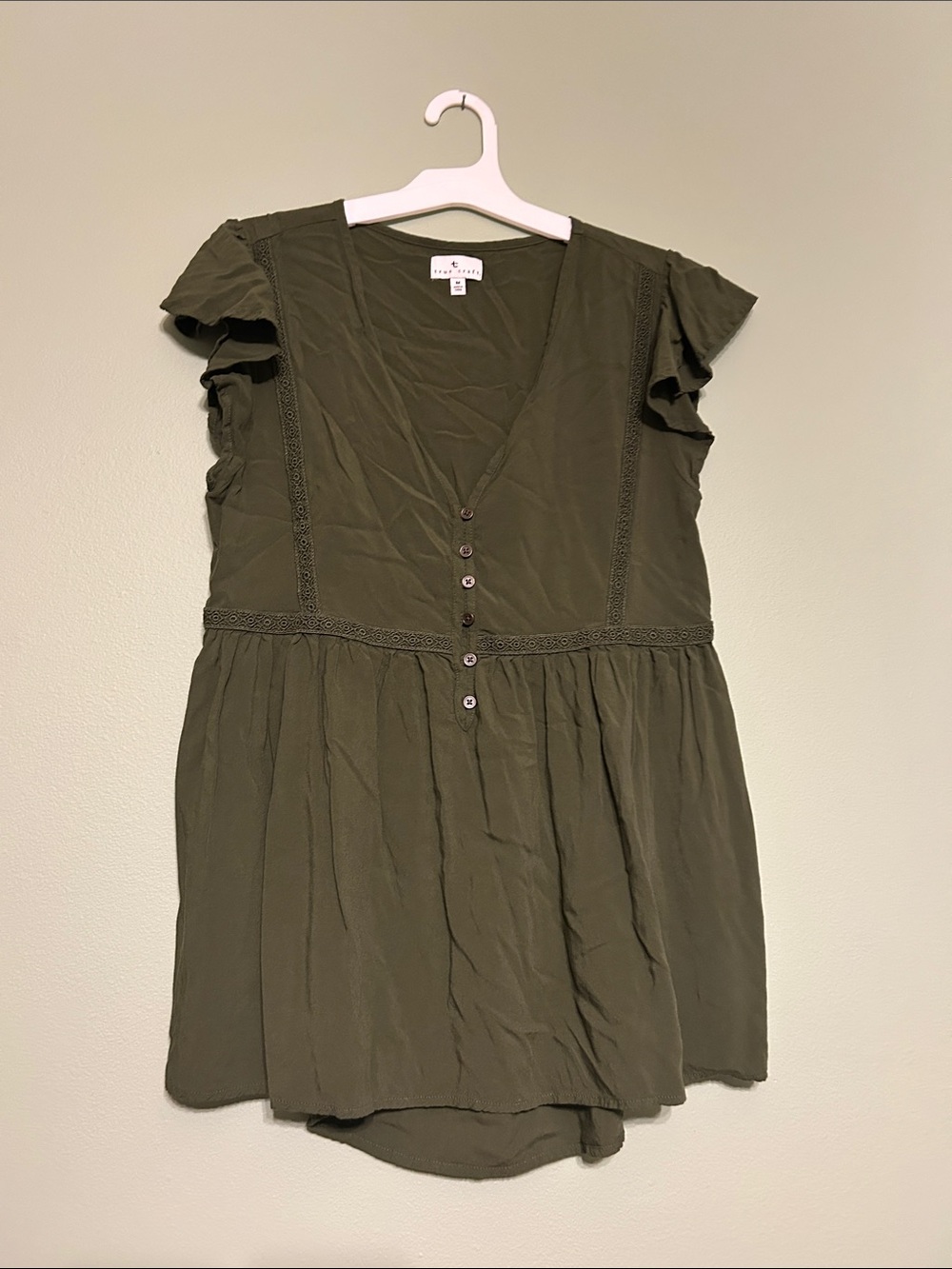 True Craft Green V-Neck Flowy Top with Lace Trim